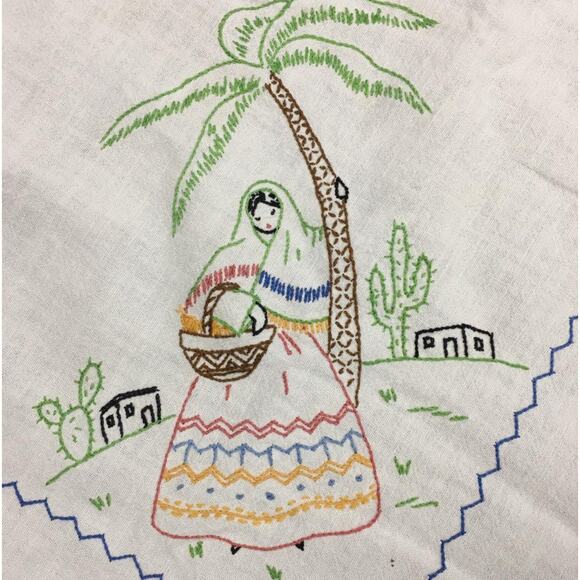 Vintage Handmade Embroidered Tablecloth Mexican Motif 40x46 Boho Folk Art - Picture 3 of 9